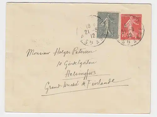 Frankreich 1912, 15 C. auf 10 C. Ganzsache Brief v. Paris n. Finnland. 