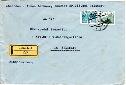 Österreich 1934, 12+64 Gr. auf Einschreiben Brief v. HENNDORF, Salzburg