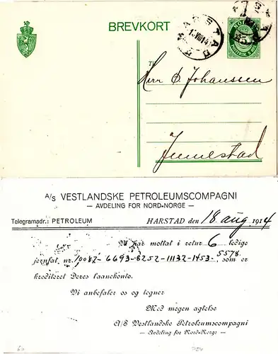 Norwegen 1914, 5 öre Ganzsache v. HARSTAD m. Zudruck Vestl. Petroleumscompagni