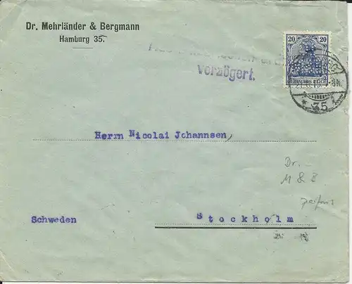 DR 1915, 20 Pf. m. perfins Firmenlochung auf Zensur Brief v. Hamburg n. Schweden