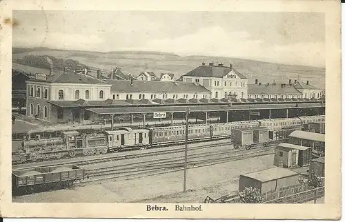 Bebra, Bahnhof m. Damplok u. Eisenbahn Waggons,1918 gebr. sw AK 