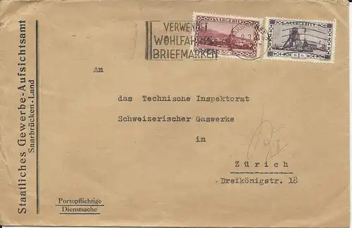 Saargebiet 1933, 50 C. +1 Fr. auf Dienstsache Brief v. Saarbrücken i.d. Schweiz