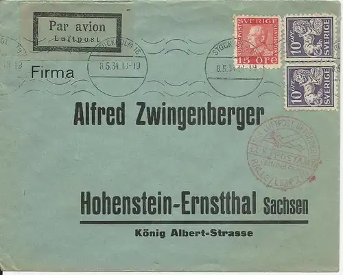Schweden 1934, Paar 10 öre+15 öre auf Luftpost Brief v. Stockholm n. Deutschland
