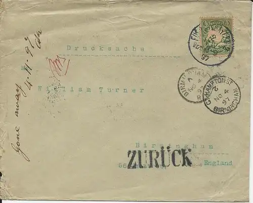 Bayern 1897, EF 5 Pf. auf Drucksache v. Fürth n. GB m. Retour-Stempeln.