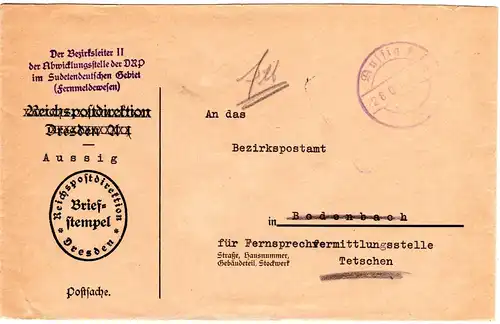 DR Sudetenland 1938, blauer Stpl. AUSSIG 1 auf portofreiem Postsache Brief