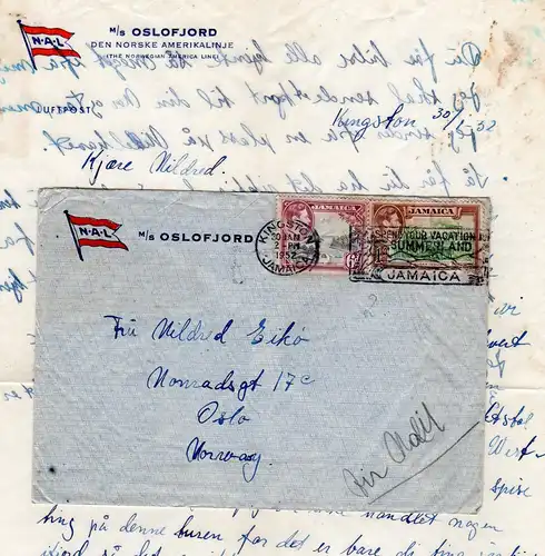 Jamaica 1952, 1 Sh.+6d auf Luftpost Brief M/S OSLOFJORD vb. Kingston n. Norwegen