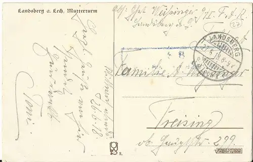 Landsberg, Mutterturm, 1918 gebr. Künstler Farb AK.