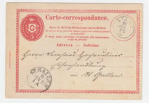 Schweiz 1873, Fingerhut Stpl. STAAD auf 5 C. Ganzsache