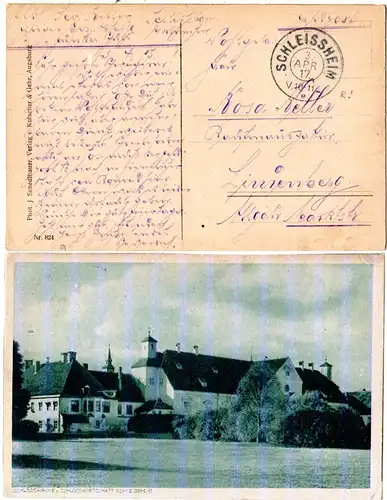 Bayern 1917, Reservestempel SCHLEISSHEIM R auf sw-AK m. Schlosswirtschaft