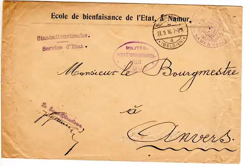 Belgien 1916, Staatsdienstsache v. Namur m. Zensur u. Siegelstempel n. Anvers.