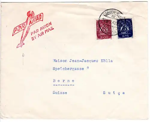 Portugal 1948, roter Luftpost Stpl. m. Flugzeug auf Brief v. Lisboa i.d. Schweiz