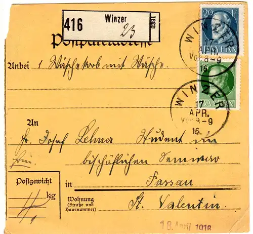 Bayern 1919, 5+20 Pf. auf Paketkarte m. klarem K1 WINZER