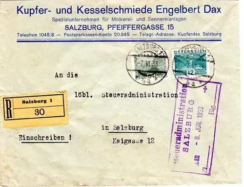 Österreich 1933, 12+64 Gr. auf Firmen Orts-Einschreiben Brief v. Salzburg