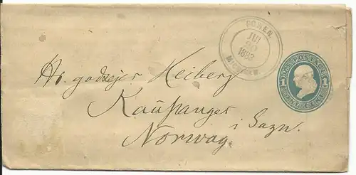 USA 1883, K3 GOWEN MICHIGAN auf 1 C. Streifband Ganzsache n. Kaupanger, Norwegen