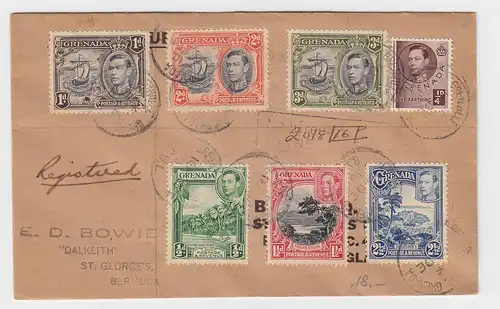 Grenada 1940,7 Marken auf Einschreiben Brief v. Grenville n. Bermuda
