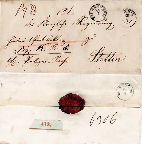 Preussen, K2 Demmin u. K1 PACKKAMMER auf Paket Brief n. Stettin.