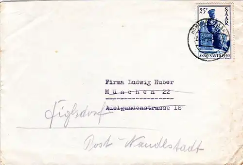 Saar 1950, EF 25 F. Heiliges Jahr auf portorichtigem Brief v. Homburg n. München
