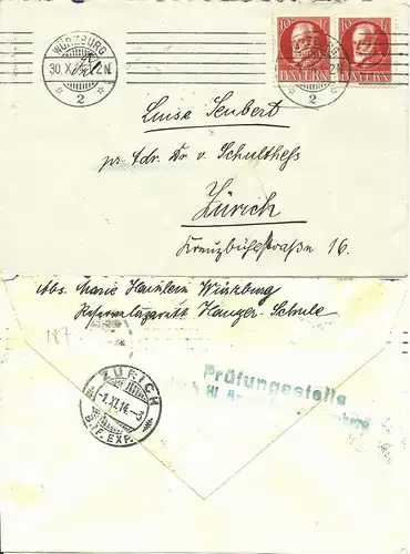 Bayern 1914, 2x10 Pf. auf Zensur Brief v. Würzburg i.d. Schweiz.