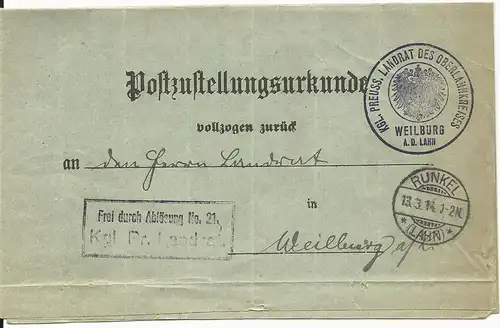 DR 1914, Post Zustell Urkunde v. RUNKEL (Lahn). Frei d. Ablösung Landrat