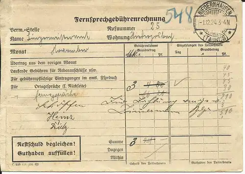 DR 1924, Vordruck Brief f. telefon Gebühren Rechnung v. NIEDERNHAUSEN Taunus