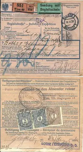 Österreich 1926, Paketkarte v. Wien m. 3 Jugoslawien Porto Marken rücks.