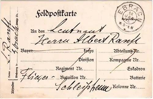 Bayern 1915, K2 EBRACH auf FP-Karte m. Adresse Flieger Battaillon Schleissheim