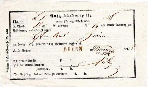 Österreich 1850, L1 + Scheibschrift-L2 BRÜNN auf Postschein Recepisse