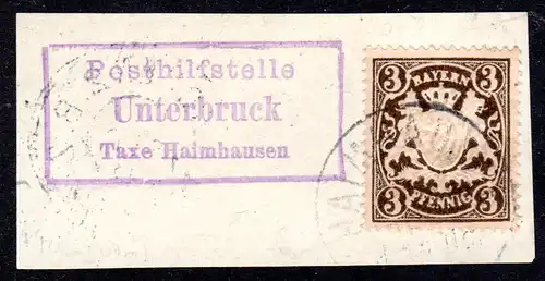 Bayern, Posthilfstelle UNTERBRUCK Taxe Haimhausen auf Briefstück m. 3 Pf.