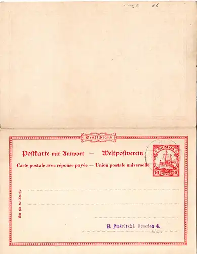 Samoa P8, 10+10 Pf. Doppelkarte blanco gestempelt APIA. (Michel gebr. 200.-)