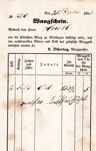 Bayern 1858, Waagschein Nördlingen, L. Ostertag, Waagmeister