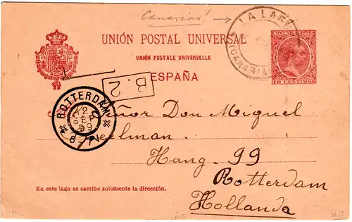 Spanien 1899, K2 La Laguna Canarias auf 10 C. Ganzsache n. NL