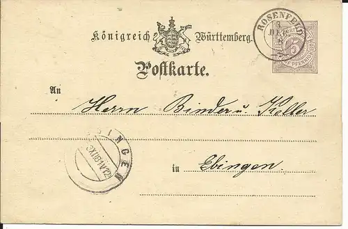 Württemberg 1881, K2 ROSENFELD klar auf 5 Pf. Ganzsache