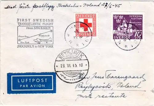 Schweden 1945, Erstflug Brief Stockholm-New York, Etappe bis Reykjavik, Island