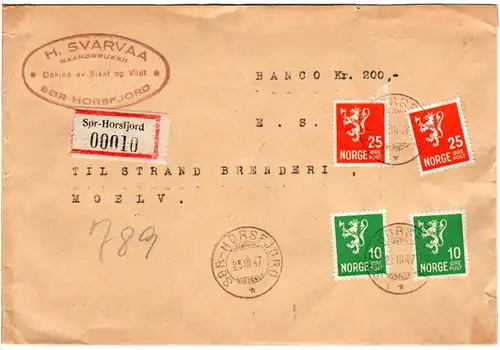 Norwegen 1947, 2x10+2x25 öre auf Wert Brief v. SÖR-HORSFJORD