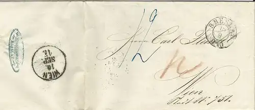 Preussen 1857, K2 BRESLAU auf Porto Brief n. Österreich.
