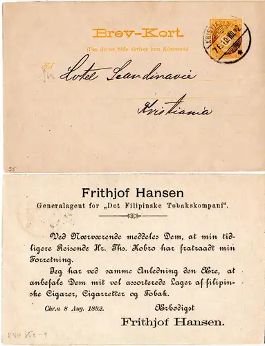 Norwegen 1892, 3 öre Orts Ganzsache m. rücks. Zudruck Filipinske Tobakskompani