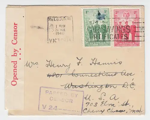 Australien 1940, 1+2d auf Zensur Brief v. Melbourne n. USA.