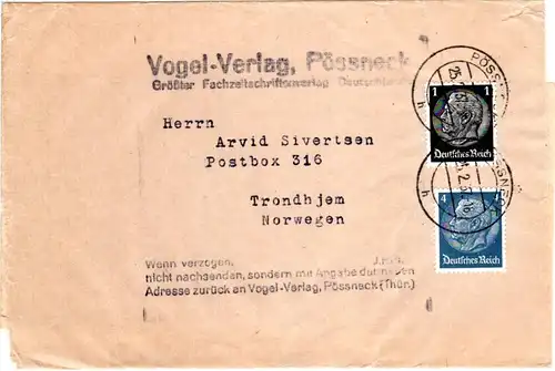 DR 1937, 1+4 Pf. auf Zeitungsschleife v. Pössneck n. Norwegen