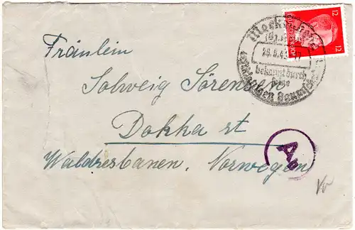 DR 1943, 12 Pf. auf Zensur Brief v. Meckenheim n. Norwegen. Sogen. Europaporto