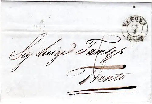 Italien Lombardei Venetien 1848, Zier-K2 VERONA klar auf Porto Brief n. Trento