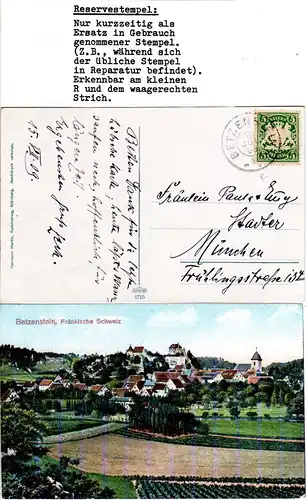 Bayern 1909, Reservestempel BETZENSTEIN R auf Farb-AK m. 5 Pf. (Helbig 80).