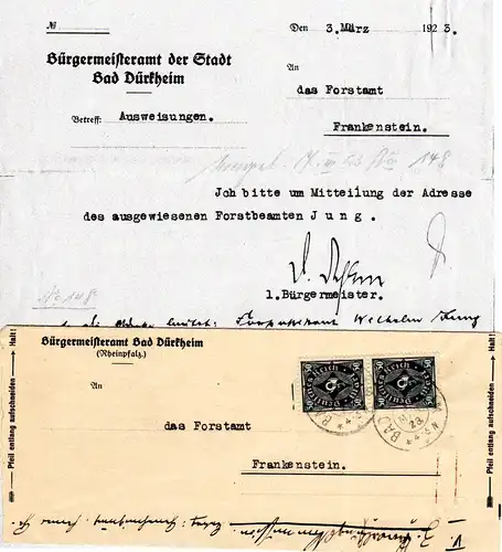 DR 1923, Paar 50 Mk. auf Bad Dürkheim Amts Brief m. Bürgermeister Unterschrift 