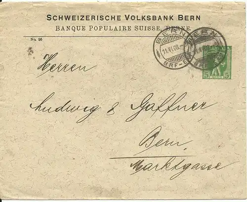 Schweiz 1908, gebr. 5 C. Privat Ganzsache Brief Schweizerische Volksbank Bern