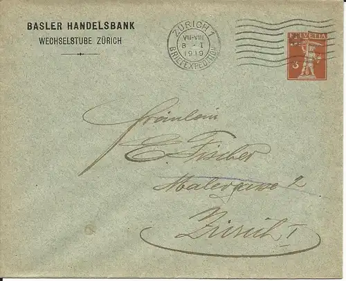 Schweiz 1919, gebr. 3 C. Privat Ganzsache Basler Handelsbank Wechselstube Zürich