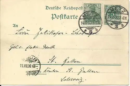 DR 1900, 5 Pf. Germania Reichspost MiF auf 5 Pf. Ganzsache v. Metz i.d. Schweiz