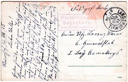 Bayern 1915, Posthilfstelle BAYERBACH Taxe Neufraunhofen auf Feldpostkarte