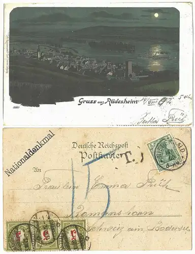 DR 1902, Rüdesheim Litho m. 5 Pf. Germania v. Niederwald u. Schweiz Porto Marken