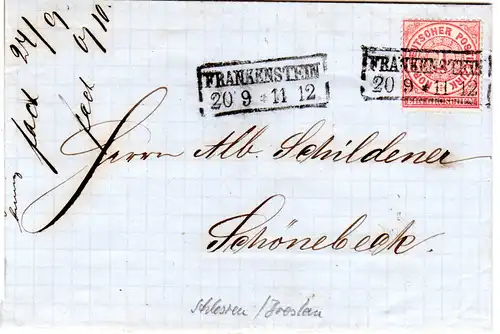NDP 1869, Schlesien R2 FRANKENSTEIN auf Brief m. 1 Gr. n. Schönebeck