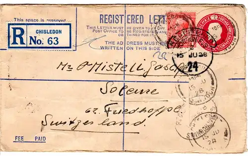 GB 1928, 1d Zusatzufr. auf 4 1/2d Reko-Ganzsache Brief v. Chisledon i.d. Schweiz