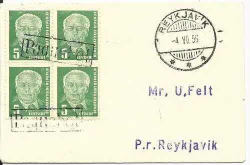 DDR 1956, 4er-Block 5 Pf. auf Schiffs Brief n. Island m. R1 Paquebot